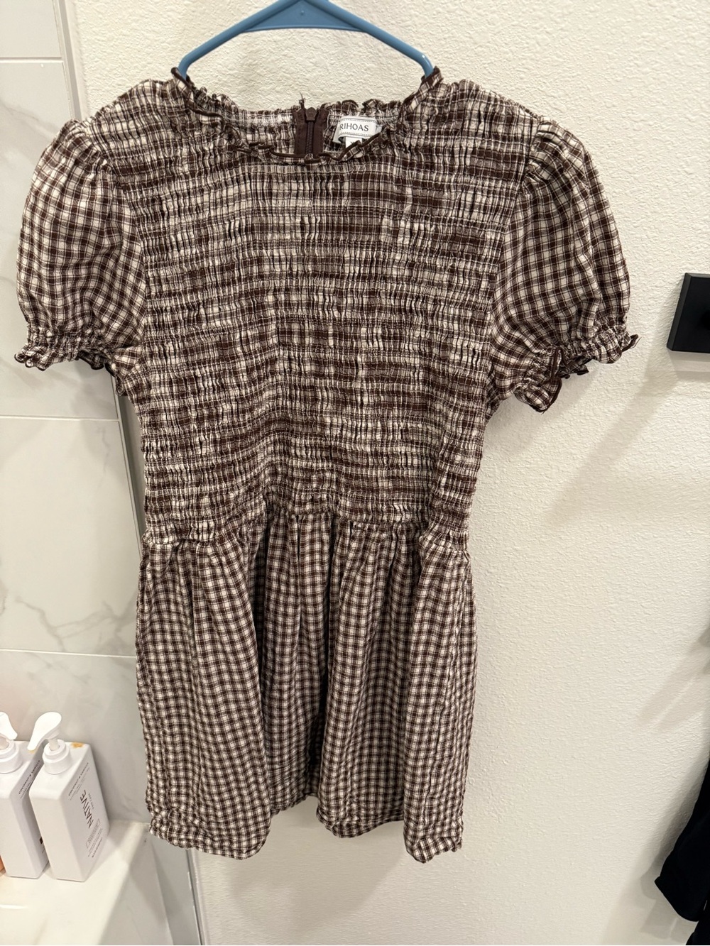 RIHOAS Brown Gingham Smocked Mini Dress